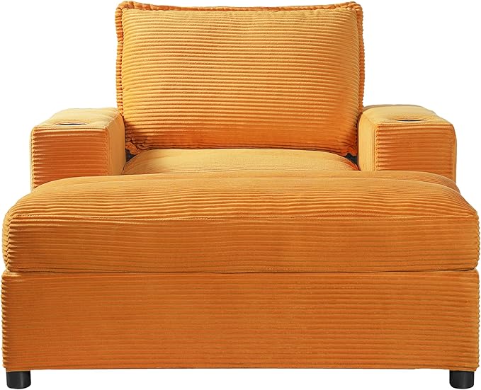 Christopher Knight Home Zoe Oversized Chaise Lounge Chair Indoor with Cup Holders & USB Charging Port, Corduroy Upholstered Sofa Bed + Ottoman with Storage, Comfy Deep Seat Sleeper Sofa Chair, Yellow