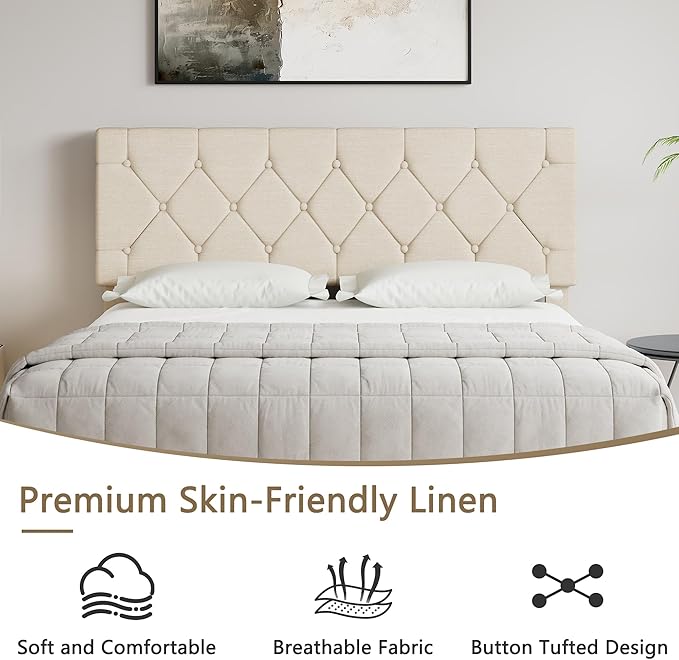 VECELO Full Size Bed Frame with Button Tufted Headboard, Upholstered Platform with Wooden Slat Support, No Box Spring Needed, Cream Beige
