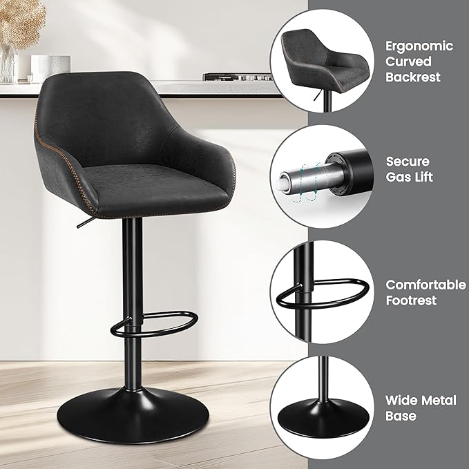 Yaheetech Bar Stools Set of 4, PU Leather Swivel Counter Height Barstools, Adjustable Bar Chairs with Backrest and Footrest, Kitchen Island Stool for Home Kitchen, Black