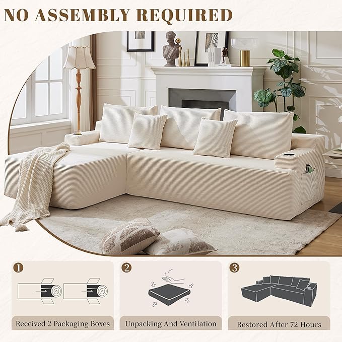 106" Cloud Sectional Couch, Modular Sectional Sofa with L-Shape Chaise, Corduroy Boneless Couch with Deep Seat, Upholstered Sofa for Living Room, No Assembly Required(Left-Facing Chaise, White)