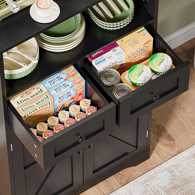 SUPER DEAL Farmhouse Storage Cabinet, Bathroom Floor Cabinet Kitchen Pantry with Doors and Drawers, Hutch Cupboard for Living Room, Bedroom, Laundry, Black