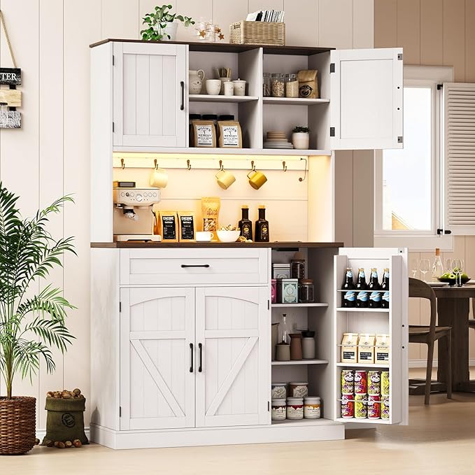 ONBRILL 71" Pantry Cabinet, Kitchen Pantry Storage Cabinet with LED Light & Outlet, Kitchen Hutch with Microwave Shelf & 6 Hook, Door Shelf & Drawer & Adjustable Shelf, Dining Room, Off White+Walnut