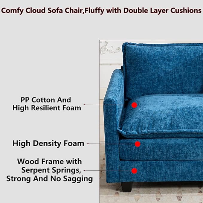 Aoowow Chenille Upholstered Accent Chair Oversized,Fluffy Single Cloud Sofa Chairs with Deep Seat,Modern Large Reading Arm Chair with Throw Pillow for Living Room,Bedroom (Blue, Single Sofa Chair)