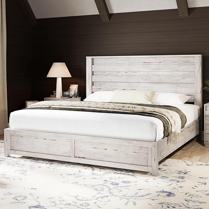 AMERLIFE Farmhouse King Size Bed Frame with 49" Fluted Headboard, Wood Platform Bed with Natural Wood Grain, No Box Spring Needed/Noise Free, Distressed White