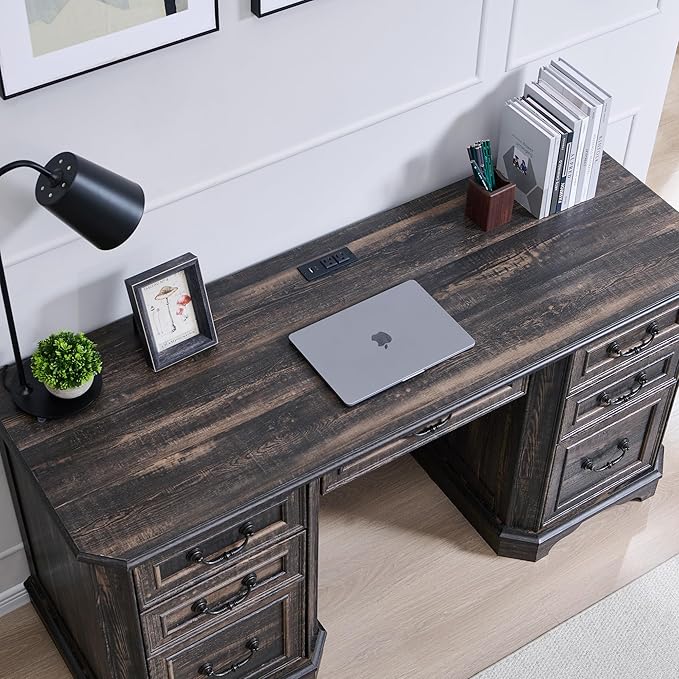RedLemon 60" Executive Desk with Drawers,Wood Home Office Desk, Featuring Keyboard Tray,Charging Station,File Drawer, Storage Cabinet,for Work and Study (Dark Rustic Oak)