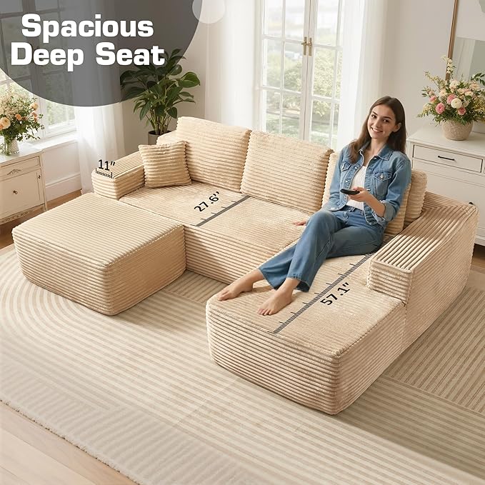 106" Cloud Sectional Couch with L-Shape Chaise & Ottoman, No Assembly Modular Sofa, Deep Seat Plush Corduroy Boneless Couched for Living Room (Beige Plush Corduroy, Right Facing Chaise with Ottoman)