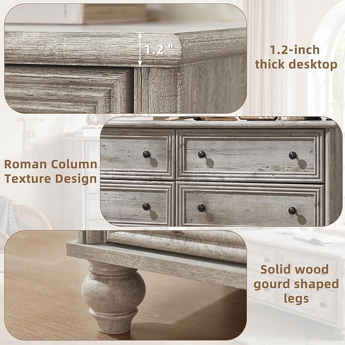 Farmhouse Dressers & Night Stand Set of 4, Wood 54" Wide 6 Drawer Dresser & 35" Tall Chest of Drawers, 18" Roman Column Nightstand Set of 2, Bedroom Furniture Dresser Sets for Home Living Room Hallway