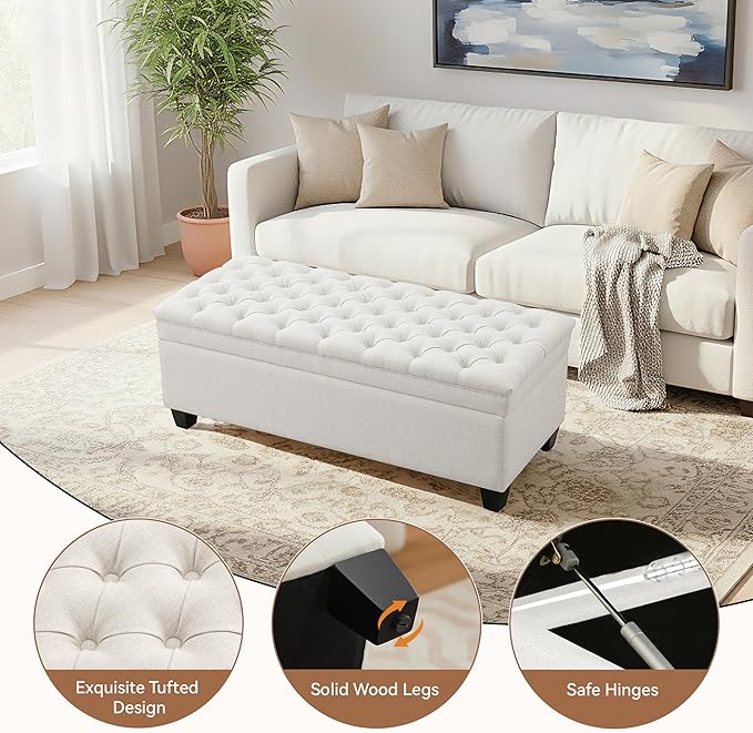 50" Storage Ottoman Bench, Rectangular End of Bed Storage Bench, Upholstered Large Fabric Tufted Ottoman with Storage for Living Room, Bedroom, Entryway,Wihte