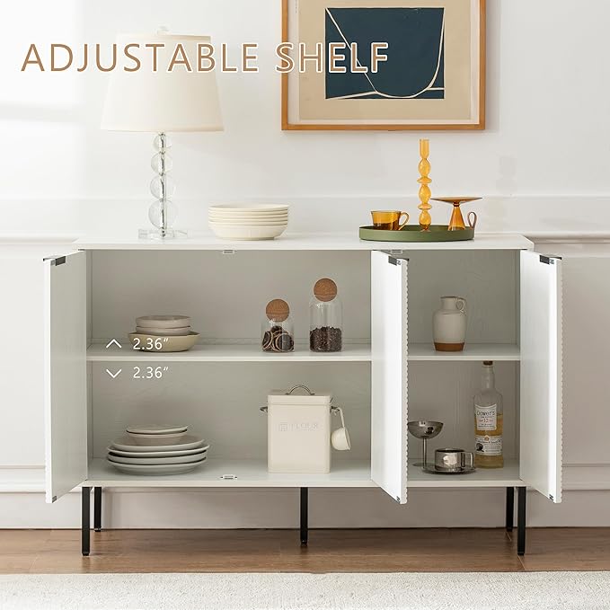 Kitchen Buffet Storage Cabinet Set of 2, Modern 3 Door Coffee Bar with Shelves, Wooden Fluted Entryway Cabinet for Dinning Room, Living Room (2, Embossed White)