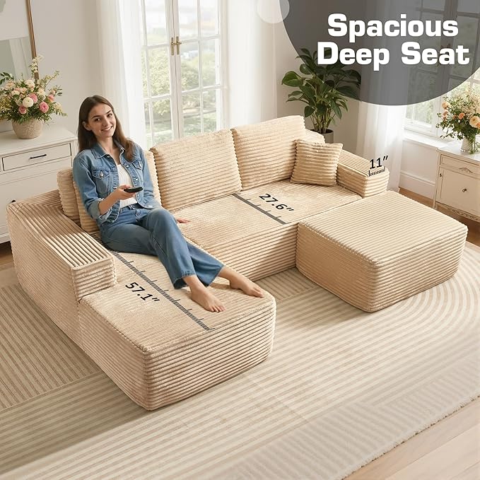 106" Cloud Sectional Couch with L-Shape Chaise & Ottoman, No Assembly Modular Sofa, Deep Seat Plush Corduroy Boneless Couched for Living Room (Beige Plush Corduroy, Left Facing Chaise with Ottoman)