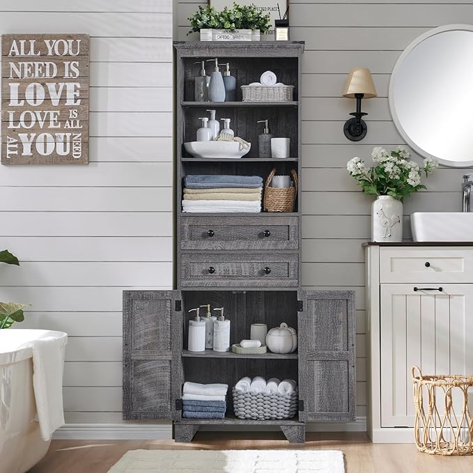 ACCOHOHO Bathroom Storage Cabinet, 72" Tall Farmhouse Storage Cabinet with 2 Drawers, Adjustable Shelves & Barn Door, Cabinet for Bathroom, Living Room, Kitchen, Grey Wash