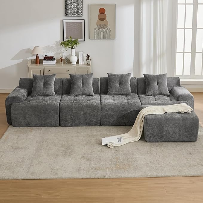 101.65” Modular Sectional Couch for Living Room, Modren L-Shape Cloud Sectional 3-Seater Sofa with Movable Ottoman, Woven Texture Upholstery Boneless Couch, No Assembly Grey