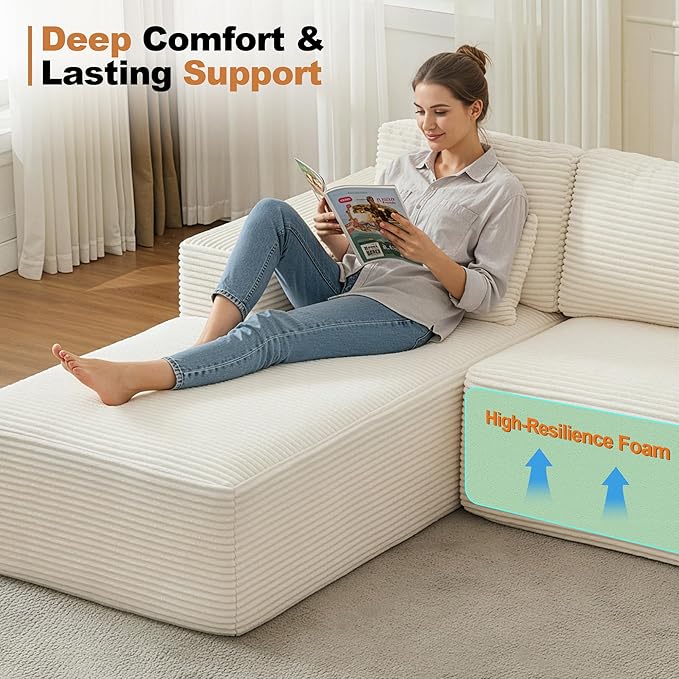 106" Cloud Modular Sectional Sofa Couch,L-Shape Modern Boneless Sectional Couch with Deep Seat,Upholstered Couches for Living Room Bedroom,No Assembly Required,Beige