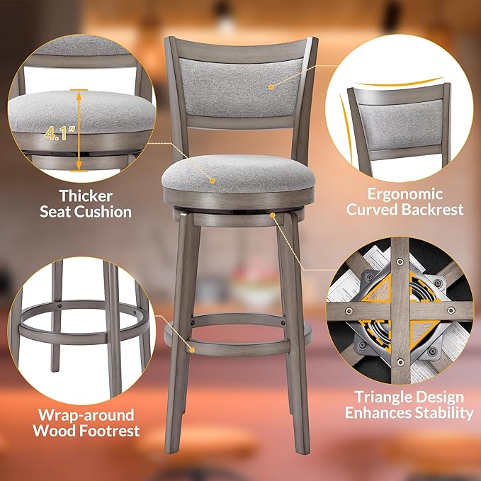 PrimeZone Swivel Bar Stools Set of 8, 30 Inch Bar Height Barstools, High Back Bar Stool with Solid Wood Legs & Wrap-Around Footrest, Counter Stools for Kitchen Island, Pub, Grey