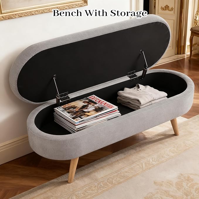 Storage Ottoman Bench 43" Storage Bench for Bedroom, Upholstered Soft Boucle Fabric End of Bed with Safety Hinge Solid Wood Legs Foot Stool Benches for Hallway,Closet,Oval, Entryway, Grey