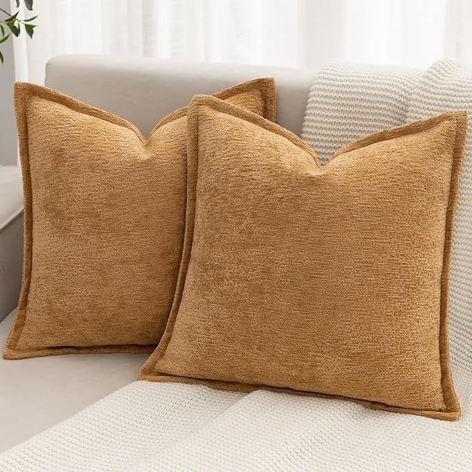 Mustard Yellow Decorative Throw Pillow Covers 24x24 Inch Set of 2 Cozy Soild Chenille Cushion Cases Soft Textured Square Couch Pillows Cover Boho Accent Farmhouse Pillowcases for Bed