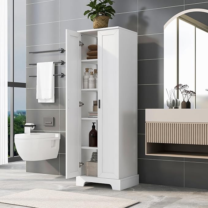 Tall Storage Cabinet, Bathroom Floor Freestanding Storage Cabinet with 2 Doors, 5 Shelves, and Adjustable Shelves for Bathroom, Office, Living Room, White