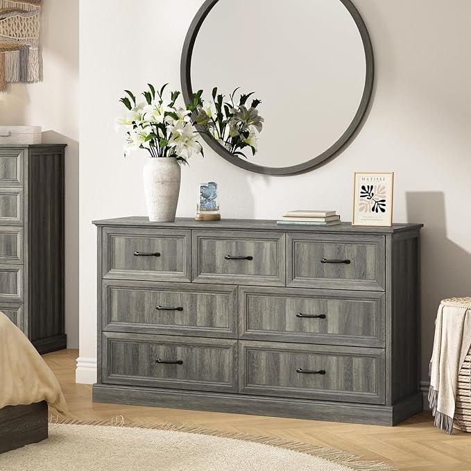 Farmhouse 7 Drawer Dresser for Bedroom, 55 Inch Wide Modern Grey Dresser TV Stand with Large Drawers & Bar Handles, Rustic Wood Chest of Drawers for Bedroom, Living Room