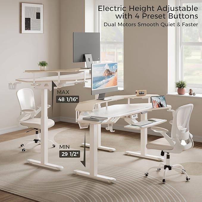EUREKA ERGONOMIC Standing Desk with Keyboard Tray, Large Music Studio Gaming Desk, Wing Shaped Sit Stand Table 72'', LED Convertible Shelves, Dual Motor&Slot, Maple
