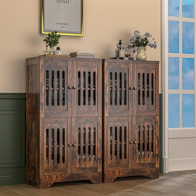 PARTPHONER Bathroom Floor Storage Cabinet with Cabinet Lights, Modern Storage Cabinet with 4 Doors and Adjustable Shelves, Buffer Hinges, Brown Pantry Cabinet for Living Room & Kitchen