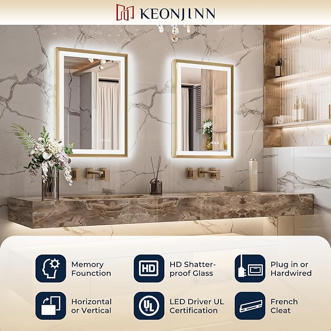 Keonjinn 30 x 36 Inch Gold LED Mirror for Bathroom, Frontlit & Backlit Framed Mirror with Stepless Dimmable Tricolors, Anti-Fog, UL-Listed LED Driver, Brighter and No Dark Corner