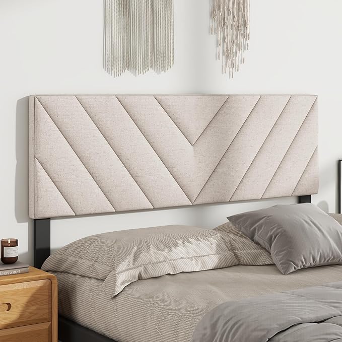 Giantex Linen Upholstered Headboard, Adjustable Width Button Tufted Headboard Only with Solid Wood Legs, Attach Frame, Rectangular Headboard for Queen Full Size Bed, Beige