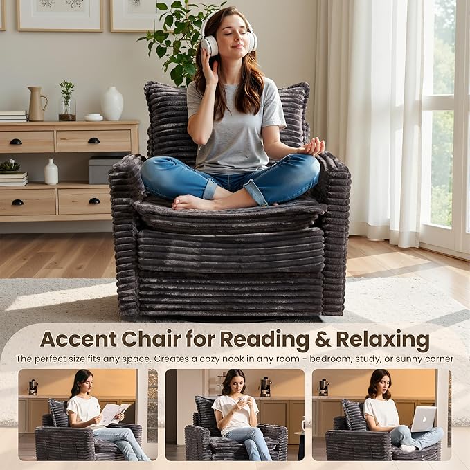 98" Modular Sectional Sofa with Swivel Chairs, Modern Cloud Couch Plush Corduroy 3 Seater Deep Seat Sofas Set & Accent Armchair Set of 2 for Living Room, Gray
