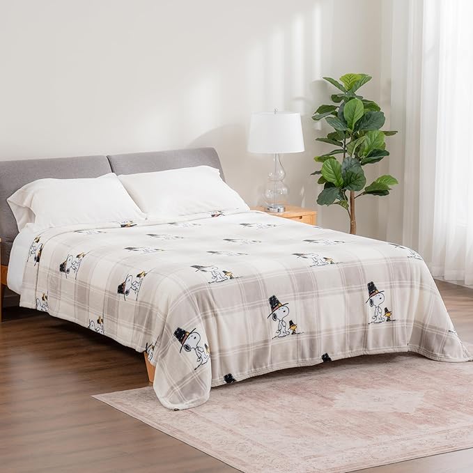 Berkshire Blanket Peanuts® VelvetLoft® Cute Character Snoopy Plush Blanket,Lakeside Plaid Harvest Snoopy and Woodstock Grey,King 90 in x 108 in (Official Peanuts® Product)
