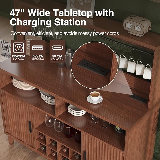 Fluted Buffet Cabinet with Storage, Modern Coffee Bar Cabinet with Outlet, Wine Rack, Cup Holder, Multi-Functional Accent Liquor Cabinet for Living Room, Entryway, Kitchen, Walnut