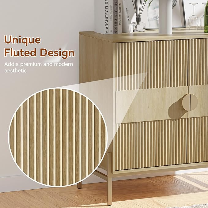 Fluted Sideboard Buffet Cabinet, Modern Credenza with Metal Gold Legs, Wood Accent Sideboard with Storage for Living Room, Dining Room, Kitchen, Entryway(Oak)