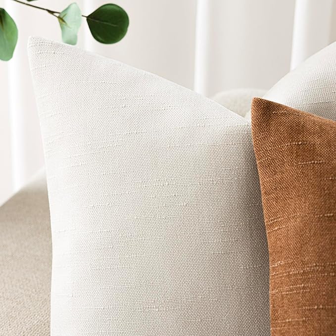 Foindtower Pack of 2 Soft Textured Throw Decorative Pillow Covers Square Accent Solid Cushion Cover Cozy Neutral Farmhouse Pillow Case for Couch Sofa Bedroom Living Room 18x18 Inch, Ivory White