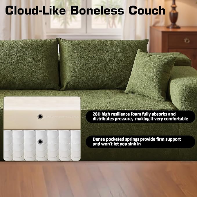 106" Cloud Sectional Couch with Chaise Lounge,L Shaped Modular Modern Sofa,Comfy Velvet Fluffy Couches with Deep Seat,No Assembly Required Couch for Living Room (Left,Cloudy Velvet,Green)