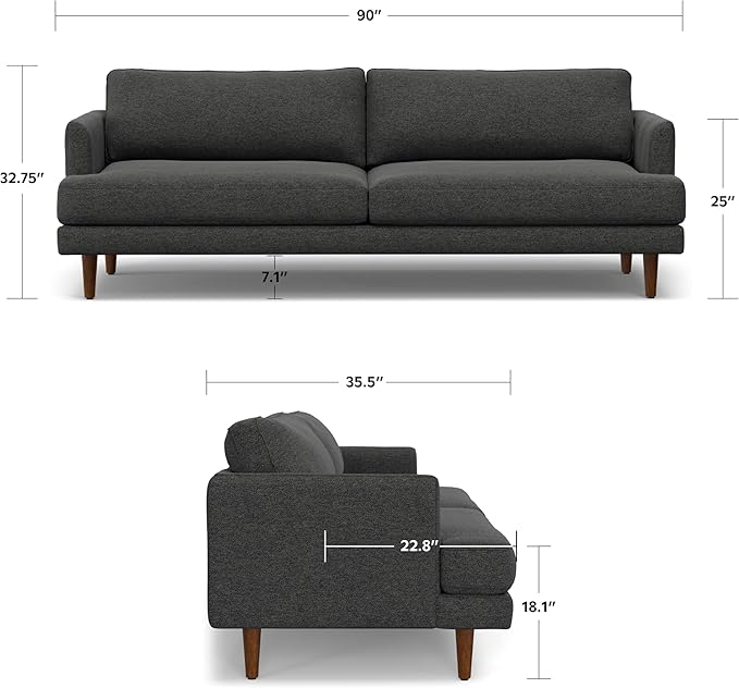 SIMPLIHOME Livingston 90-inch Wide Sofa in Charcoal Grey Woven-Blend Fabric, Handcrafted Mid-Century Modern Oversized 3-Seater Couch Sofa for Living Room or Family Room, Solid Wood Frame