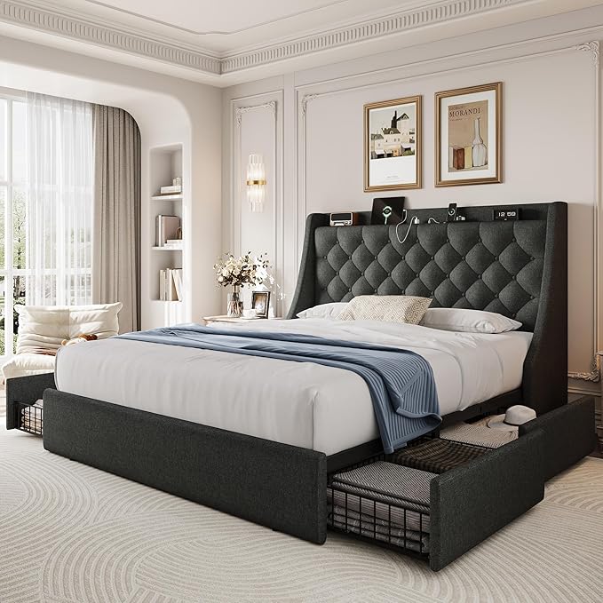 Queen Size Upholstered Platform Bed Frame with 4 Storage Drawers and Charging Station, Linen Button Tufted Wingback Headboard, Sturdy Wooden Support Slats, No Box Spring Needed, Dark Grey