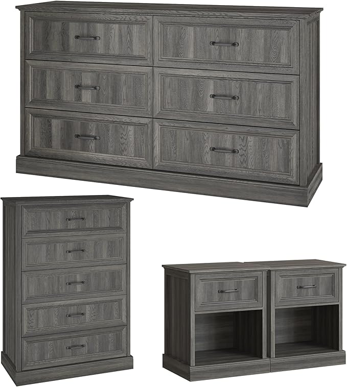 Farmhouse Dresser and Nightstand Sets, 4Pcs Bedroom Furniture Set, Nightstand Set of 2 & 55" Wide 6 Drawer and 44" Tall 5 Drawer Dresser with Large Drawers & Bar Handles, Grey