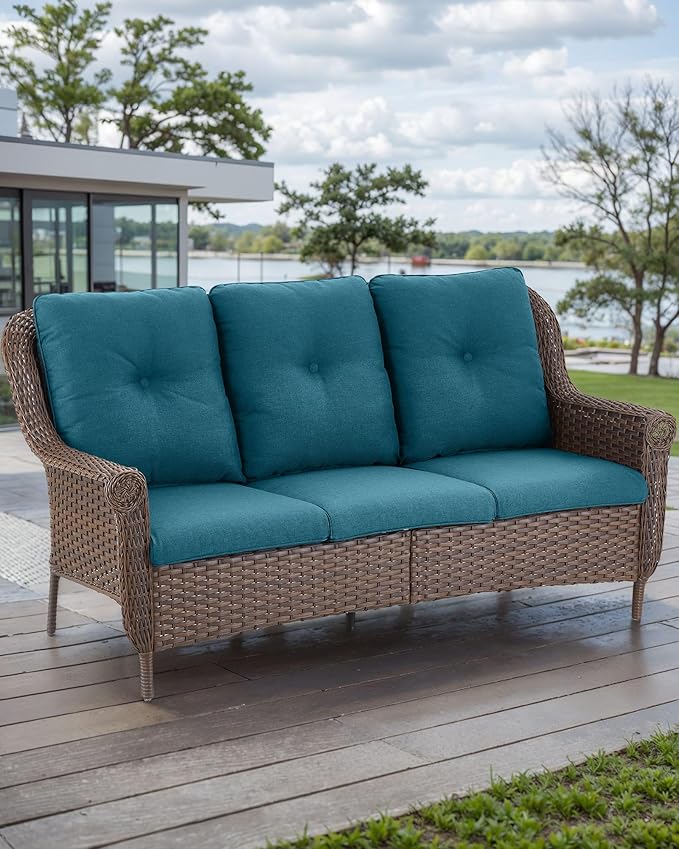 Patio Couch Outdoor Wicker Sofa - Heavy Duty All-Weather Brown Rattan 3-Seater with High Back and Comfortable Thick Cushions for Garden Back Porch Poolside Apartment - Peacock Blue