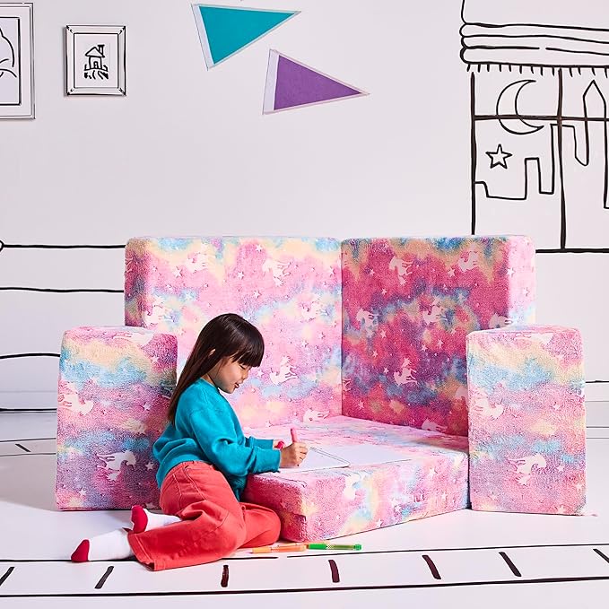 YOURIGAMI Kids and Toddler Play Couch, Convertible Folding Sofa, Durable Foam Modular Design, Glow in The Dark Unicorn