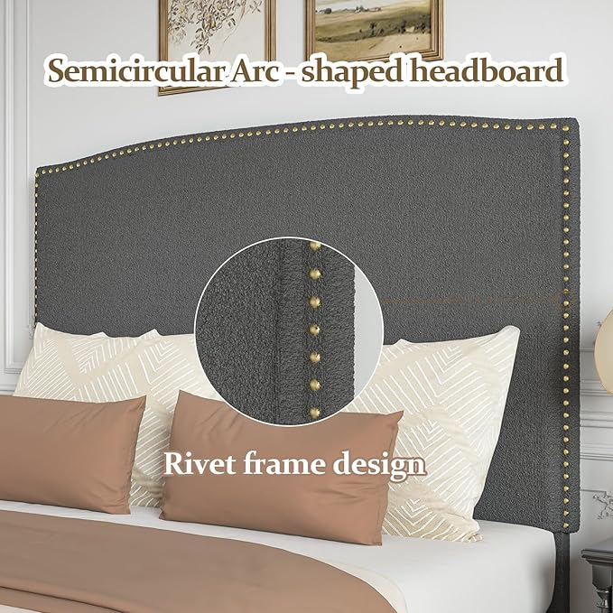 Full Size Bed Frame with Headboard, 56" Upholstered Platform Bed with Nailhead Trim, Soft Boucle Fabric, No Box Spring Needed, Easy Assembly, Grey