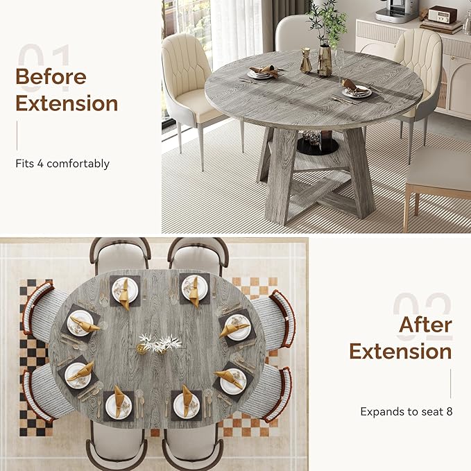 Aivermel 43.3‑59 in Extendable Oval Dining Table for 4‑6, Engineered Wood Round Dining Table with Hidden Extension Storage & Bottom Shelf, Space‑Saving Modern Kitchen Living Room Tables (Vintage Grey)