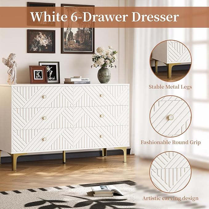 White Wood Dresser for Bedroom, 6 Drawers Dresser with Metal Handles & Embossed Woodgrain, 47" Wide Modern Chest of Drawers for Living Room, Hallway