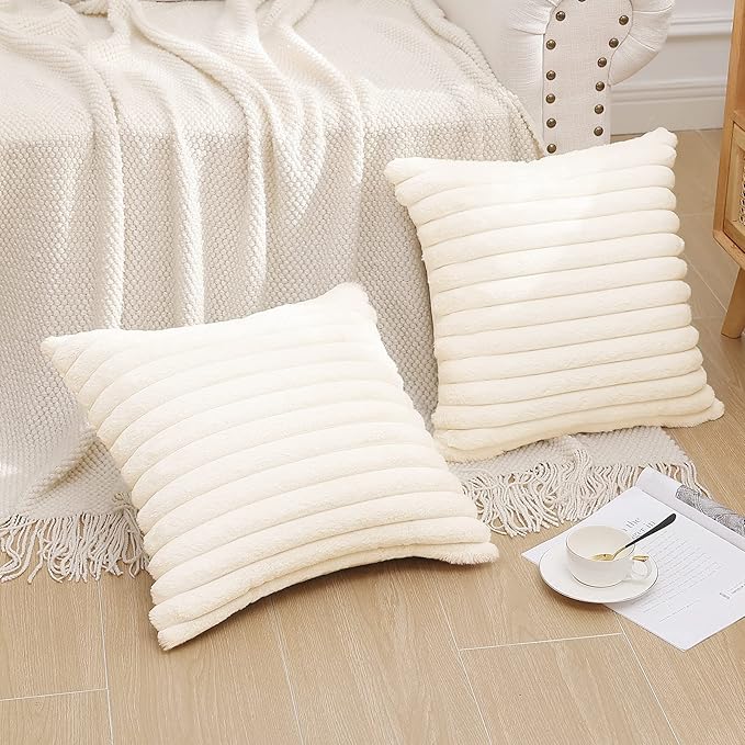 Pallene Faux Fur Plush Christmas Throw Pillow Covers 20x20 Set of 2, Luxury Soft Fluffy Striped Decorative Pillow Covers for Sofa, Couch, Living Room, Cream White