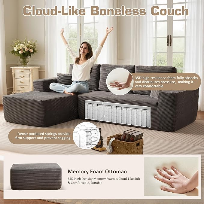 106" Cloud Sectional Couch with L-Shape Chaise & Ottoman, No Assembly Modular Sofa, Deep Seat Corduroy Boneless Couched for Living Room (Gray Stripe Corduroy, Left Facing Chaise with Ottoman)