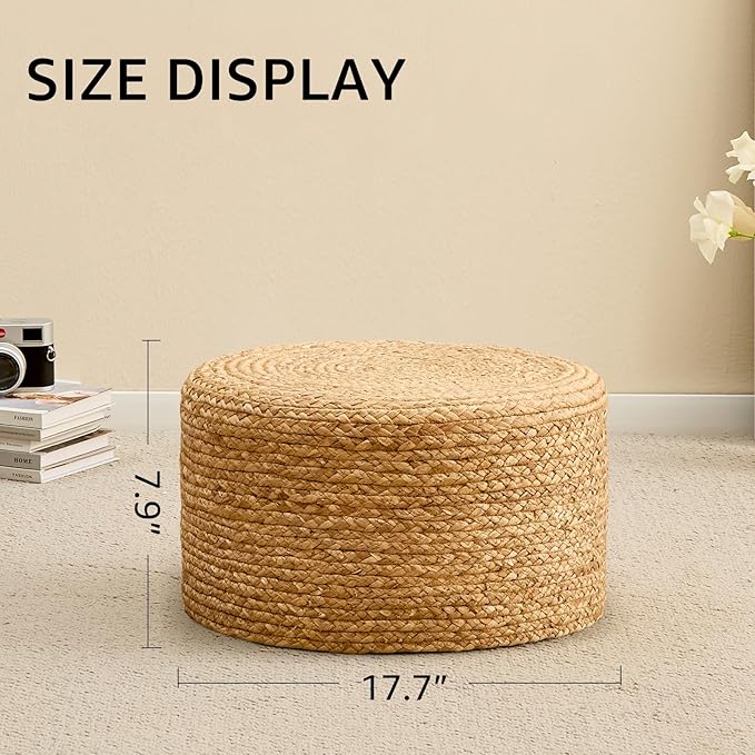 Wimarsbon Round Pouf Ottoman, Natural Hand Knitted Footrest Poof, Rustic Lounge Pouffe, Boho Pous Foot Stool, Accent Table or Seat (Natural Water Hyacinth, 17.7 * 17.7 * 9.84)