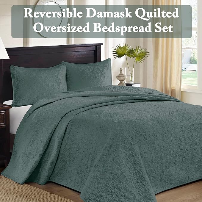 Madison Park King Bedspread Set Reversible Damask Quilted Oversized Coverlet, Cotton-Filled Quilts Oversized, All Season, Lofty & Warm Bedspread, Quebec, Balsam Green 3 Piece