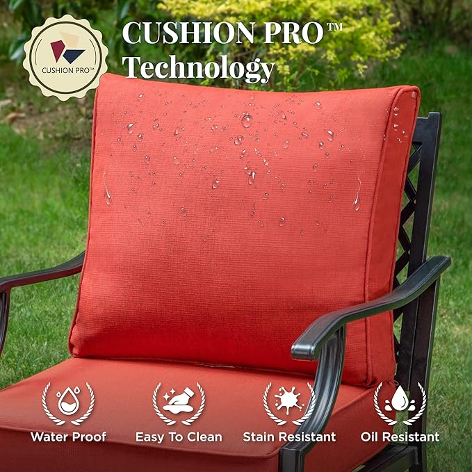 Patio Furniture Set, 6 Pcs Metal Outdoor Conversation Set, 2 Single Chairs, 2 Ottomans and 3 Seater Sofa with 5.75" Extra Thick Cushion and Gas Fire Pit Table, Red