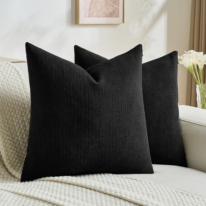 FUTEI Black Decorative Throw Pillow Covers 16x16 Inch Set of 2,Soft Cozy Wheat Ear Striped Patterns Cushion Cases,Modern Home Decor for Couch Bed Living Room