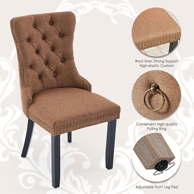 Linen Upholstered Dining Chairs Set of 6, Modern Style Kitchen Side Chairs with Nailhead Trim and Wood Leg, Metal Pulling Ring for Dining Room Living Room(Coffee,Set of 6)