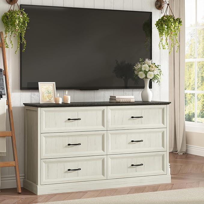 Farmhouse 6 Drawer Dresser for Bedroom, 55 Inch Wide Modern White Dresser TV Stand with Large Drawers & Bar Handles, Rustic Wood Chest of Drawers for Bedroom, Living Room, Hallway, Entryway.