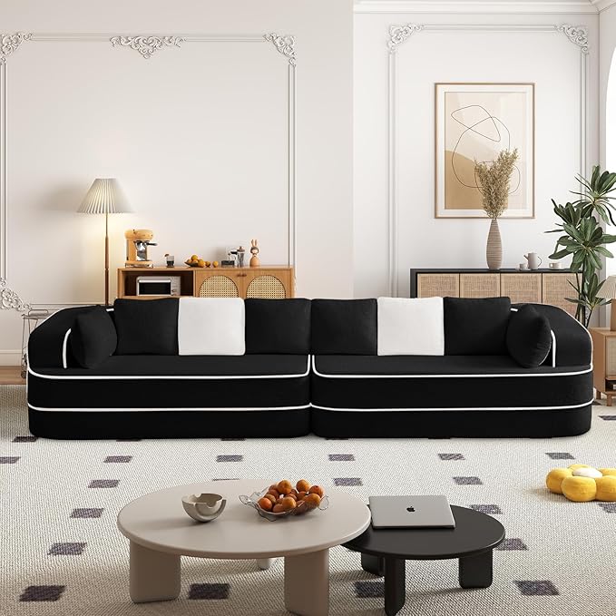 135" Modular Sectional Couch, 4-Seater with Throw Pillows Modern Teddy Fabric Foam Boneless Sofa for Living Room, Oversized with Deep Seat, No Assembly Required,Black