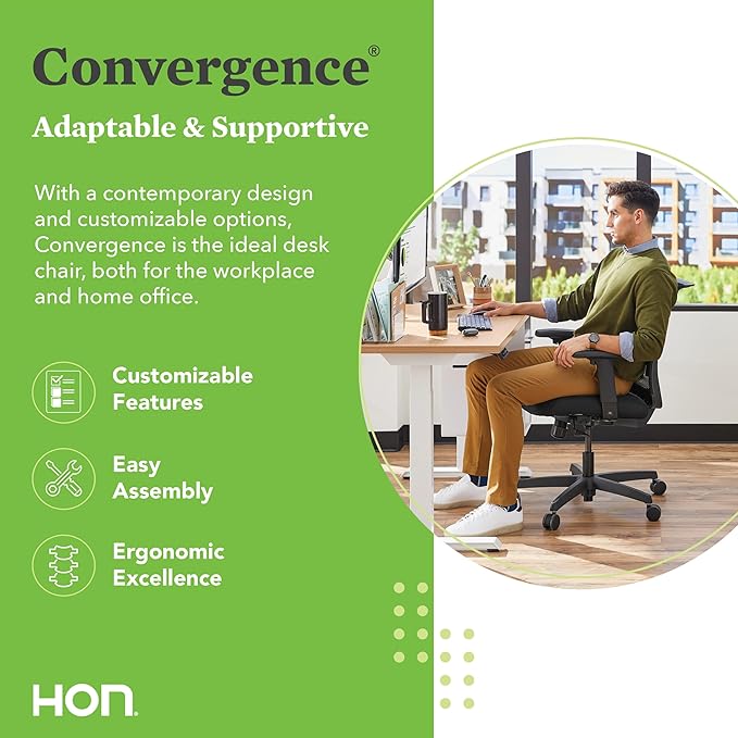 HON Convergence Ergonomic Office Chair, Breathable Back Support Mesh, Adjustable Arms, Computer Chair with Lumbar Support, Rolling Swivel Wheels, Comfortable Synchro-Tilt Recline, Fabric, Pear